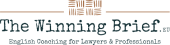 Horizontal company logo. There are two brown tile-like squares at the top in the middle, with two brown horizontal lines spreading to each side. Below, in larger font size there's the company name: The Winning Brief (with a bit smaller ".EU" at the end), stylised as if it was typed on a typewriter. Below that, in the same style, but in font size that's three times smaller, is the text "English coaching for Lawyers & Professionals".